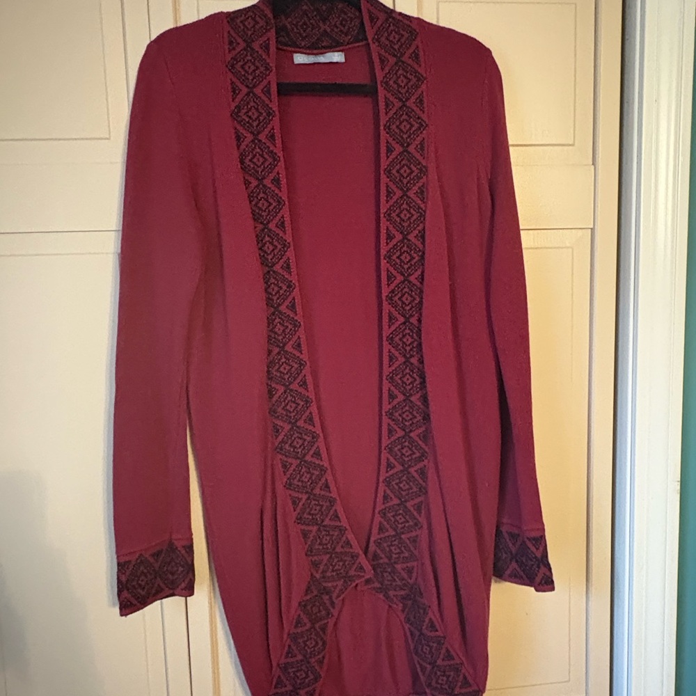Long Red Cardigan with Black Pattern Accents